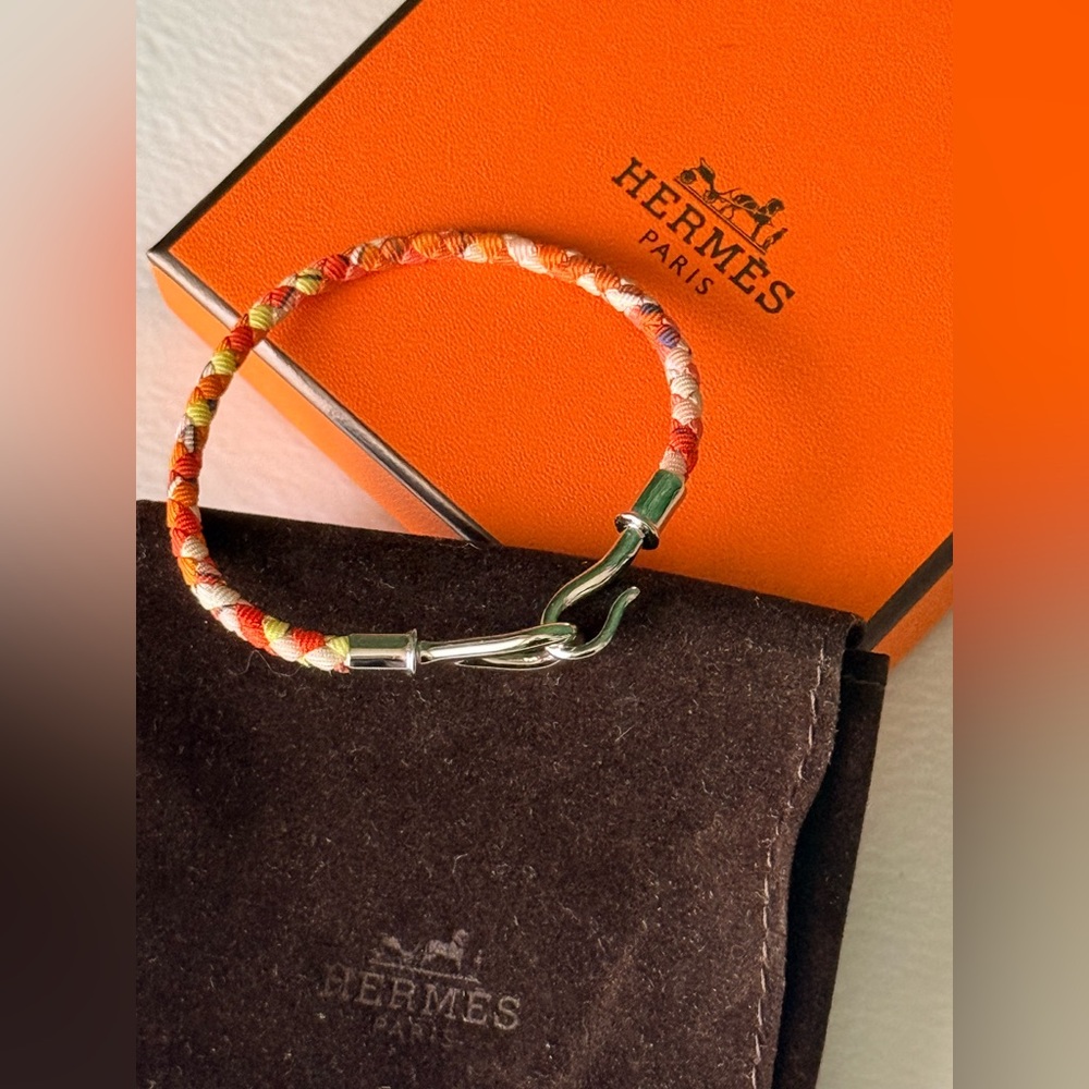 Hermes Orange Multicolor Braided Rope Hook Bracelet with COA